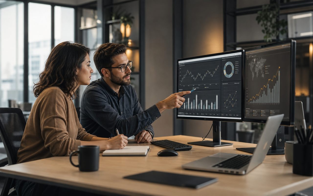 Profissionais analisando gráficos de desempenho, crescimento e visibilidade online