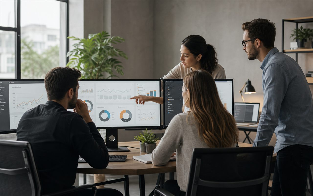 Equipe analisando estratégia, conteúdo e dados de crescimento
